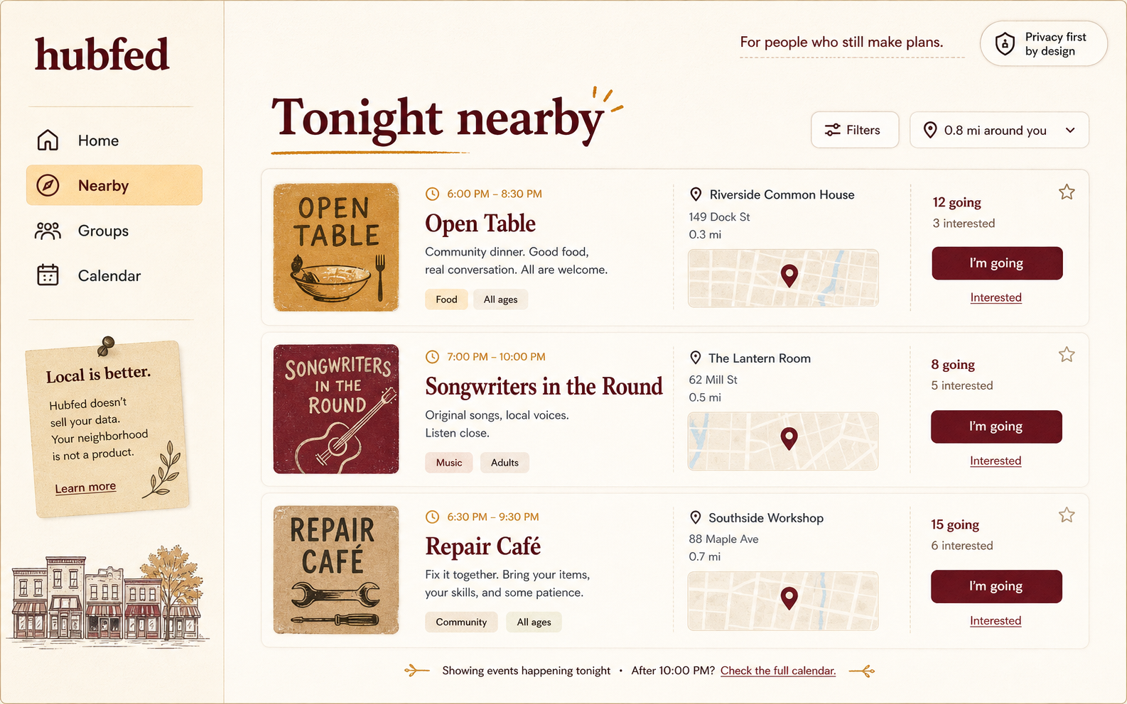 Hubfed alpha concept showing nearby gatherings including Open Table, Songwriters in the Round, and Repair Café